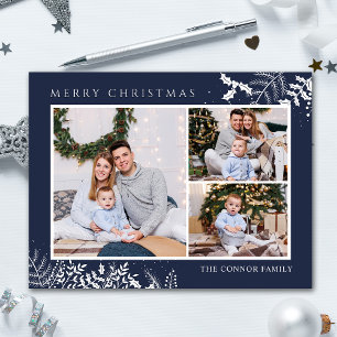 Modern Navy Blue Photo Collage Merry Christmas Postcard