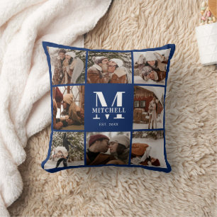 Modern Navy Blue Photo Collage Personalised Cushion