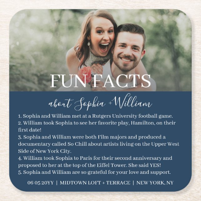 Modern Navy Blue Photo Fun Facts Wedding Square Paper Coaster (Front)