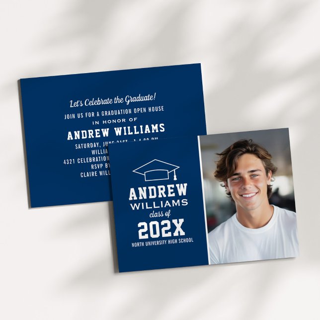 Modern Navy Blue Photo Graduation Open House Invitation (Creator Uploaded)