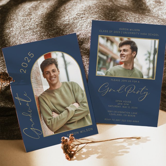 Modern Navy Blue Photo Graduation Party Invitation (Creator Uploaded)
