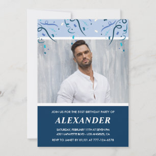 Modern Navy Blue Photo Man 51st birthday  Invitation