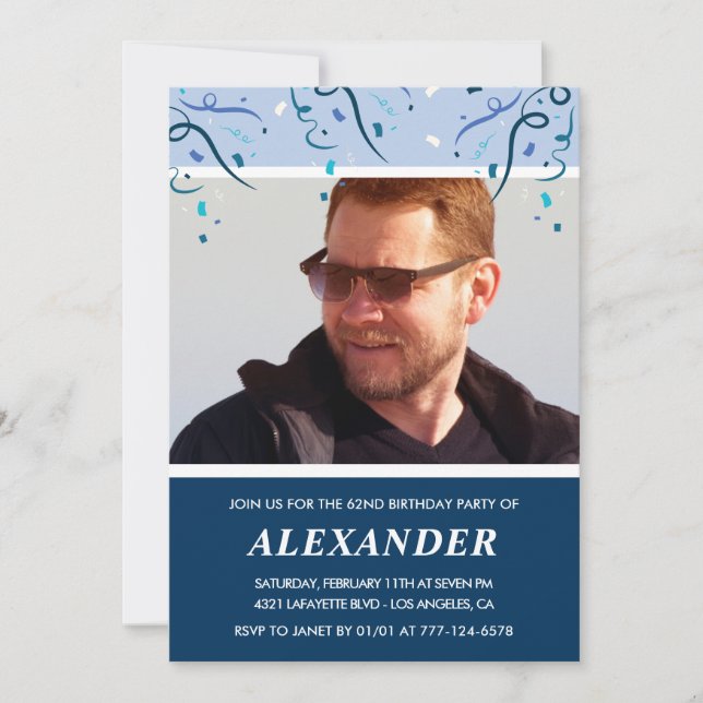 Modern Navy Blue Photo Man 62nd birthday  Invitation (Front)