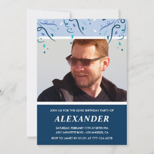 Modern Navy Blue Photo Man 62nd birthday Invitation