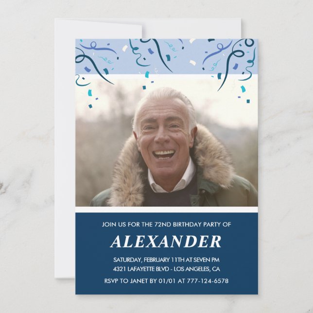 Modern Navy Blue Photo Man 72nd birthday  Invitation (Front)