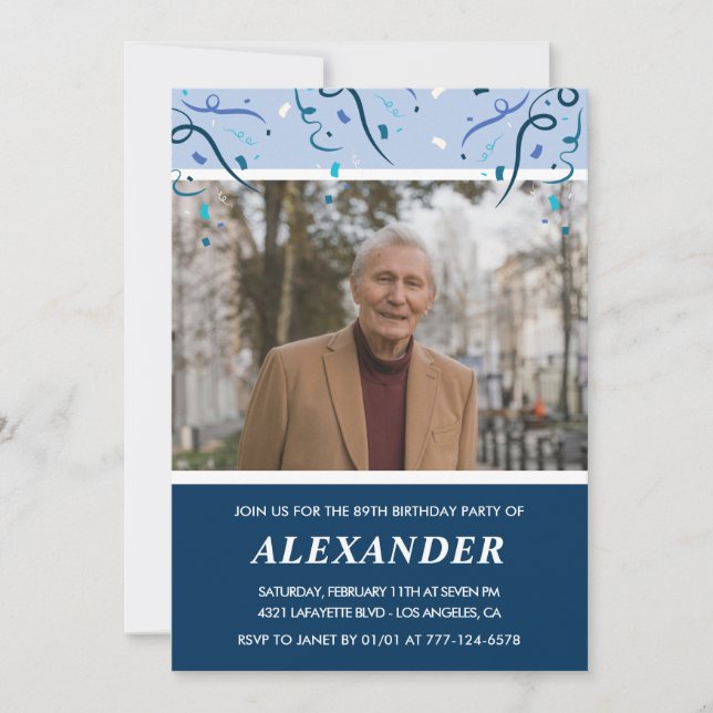 Modern Navy Blue Photo Man 89th birthday Invitation (Front)