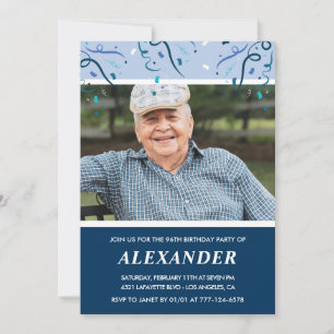 Modern Navy Blue Photo Man 96th birthday Invitation