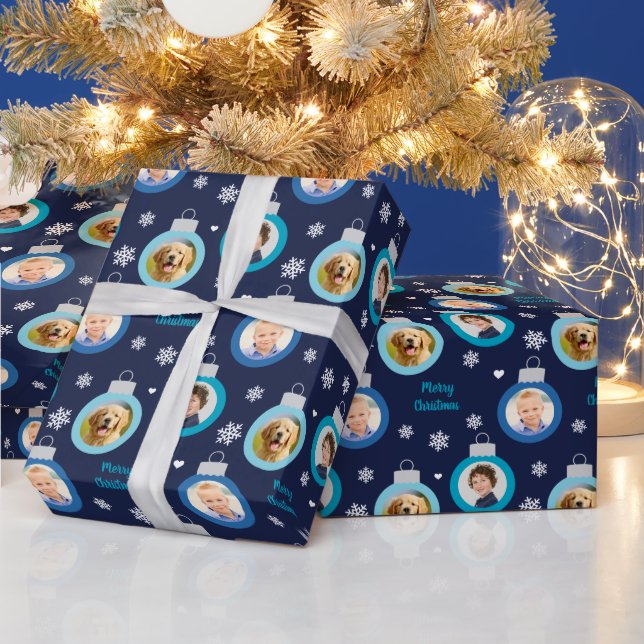 Modern Navy Blue Photo Ornaments Custom Christmas Wrapping Paper (Holidays)