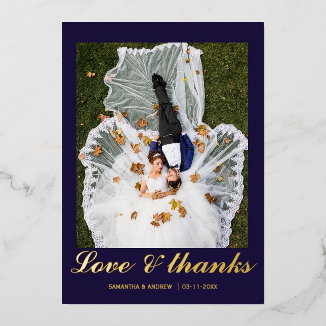 Modern navy blue photo wedding foil thank you card (Front)
