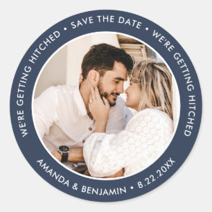 Modern Navy Blue Photo Wedding Save The Date Classic Round Sticker