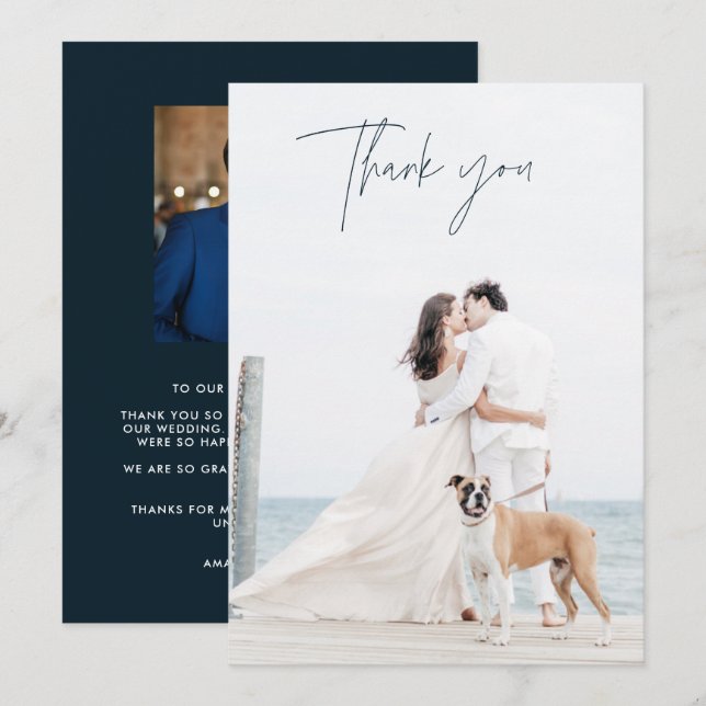 Modern Navy Blue Photo Wedding Thank You Cards (Front/Back)