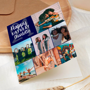 Modern navy blue photos collage grid 21 birthday card