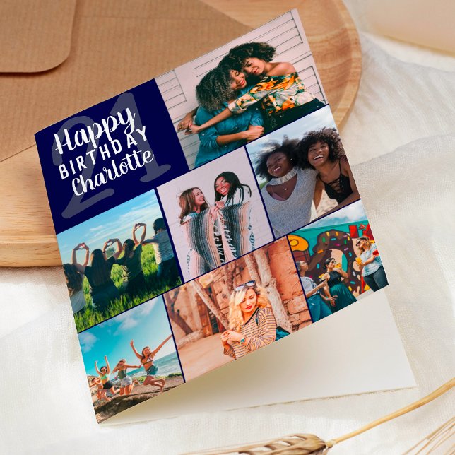 Modern navy blue photos collage grid 21 birthday card (Modern navy blue photos collage grid 21 birthday card)