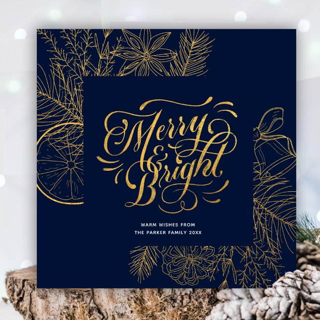 Modern Navy Blue Pine Bough Floral Gold Script Holiday Card (Creator Uploaded)