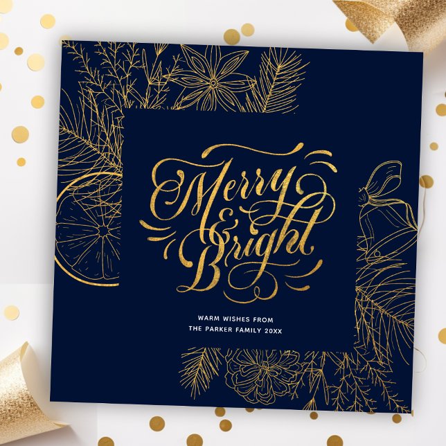Modern Navy Blue Pine Bough Floral Gold Script Holiday Card (Creator Uploaded)
