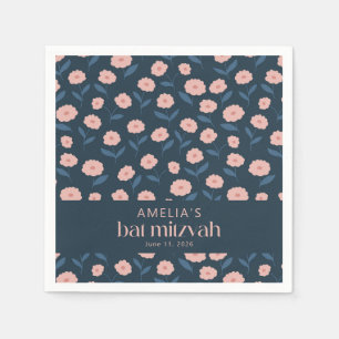 Modern Navy Blue Pink Boho Floral Bat Mitzvah  Napkin