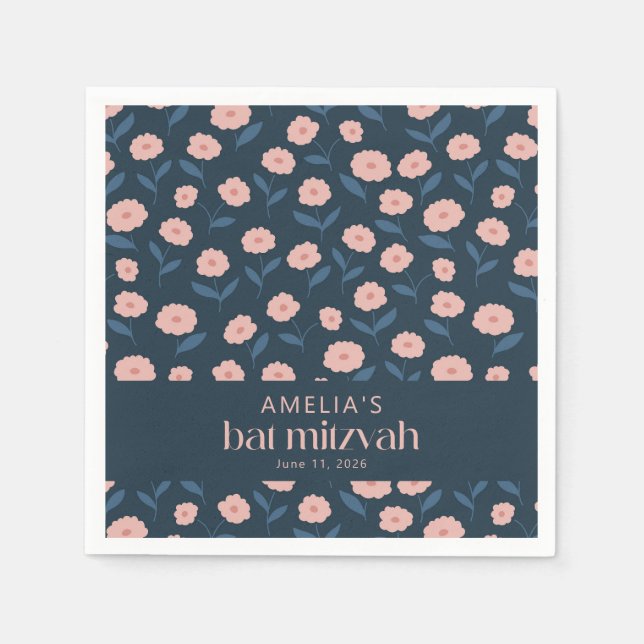 Modern Navy Blue Pink Boho Floral Bat Mitzvah  Napkin (Front)
