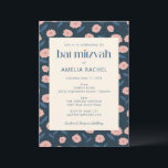 Modern Navy Blue Pink Boho Floral Bat Mitzvah RSVP Invitation<br><div class="desc">Modern Navy Blue Pink Boho Floral Bat Mitzvah Invitation with RSVP details included</div>