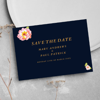 Modern navy blue pink coral floral Save The Date
