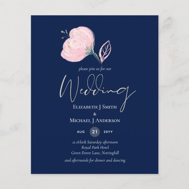 Modern Navy Blue Pink Rose Gold Wedding Budget (Front)