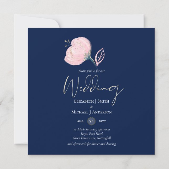 Modern Navy Blue Pink Rose Gold Wedding Budget (Front)
