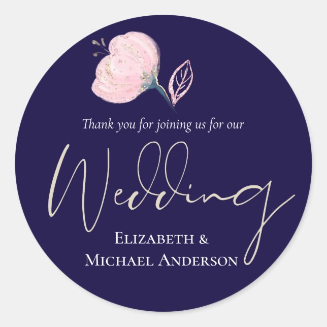 Modern Navy Blue Pink Rose Gold Wedding Budget Classic Round Sticker (Front)