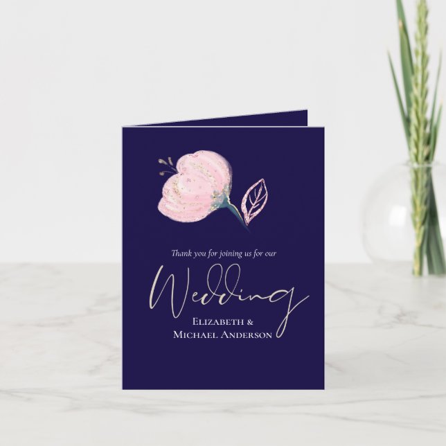 Modern Navy Blue Pink Rose Gold Wedding Budget Note Card (Front)