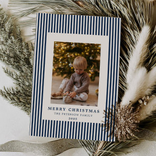 Modern Navy Blue Pinstripe Christmas Family Photo Holiday Card