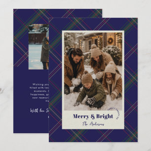 Modern Navy Blue Plaid Two Photos Merry Christmas Holiday Card