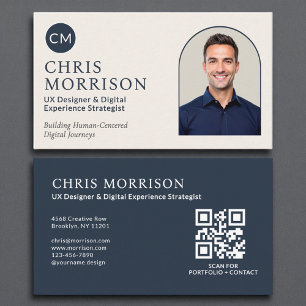 Modern Navy Blue Professional QR Code Photo Business Card