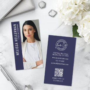 Modern Navy Blue Professional QR Code Photo Logo Business Card