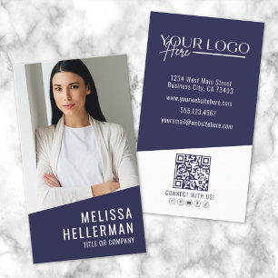 Modern Navy Blue Professional QR Code Photo Logo Business Card