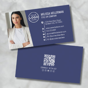 Modern Navy Blue Professional QR Code Photo Logo Business Card