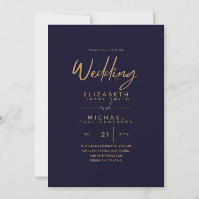 Modern Navy Blue Purple Gold Budget Wedding Invitation (Front)