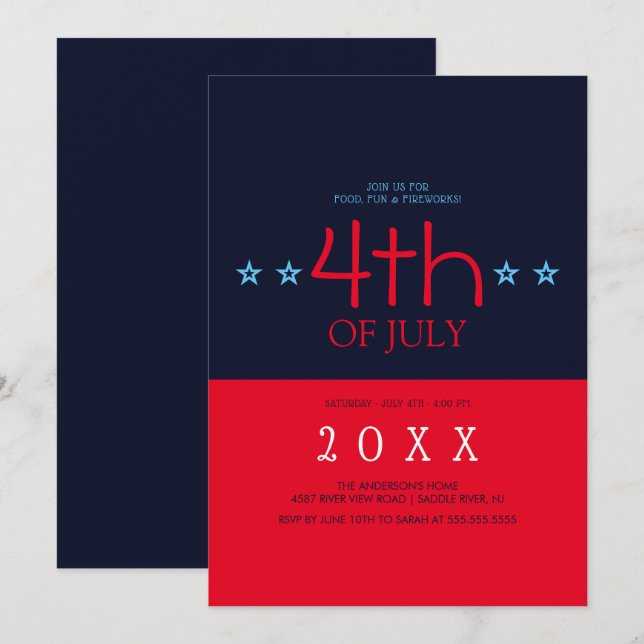 Modern Navy Blue Red Stars 4th of July Invitation (Front/Back)