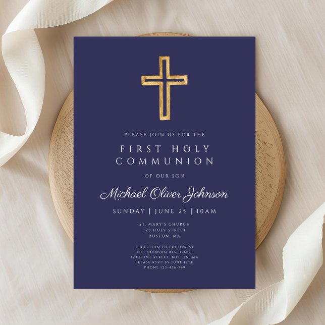 Modern Navy Blue Religious Boy First Communion Invitation (Modern Navy Blue Religious Boy First Communion Invitation)