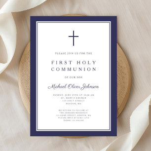 Modern Navy Blue Religious Boy First Communion Invitation