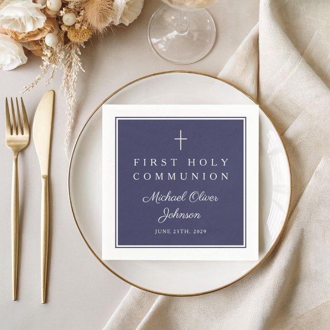 Modern Navy Blue Religious Boy First Communion Napkin (Modern Navy Blue Religious Boy First Communion Napkins)
