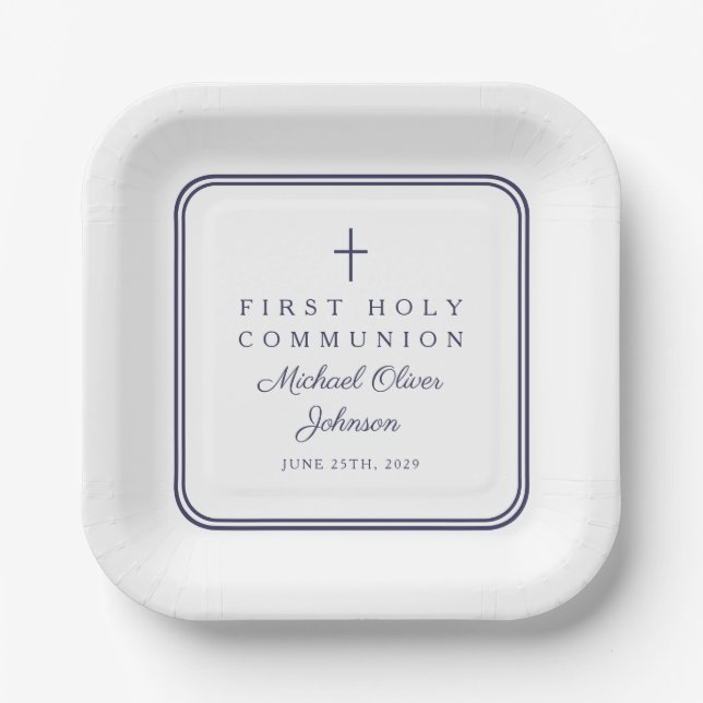 Modern Navy Blue Religious Boy First Communion Paper Plate (Front)