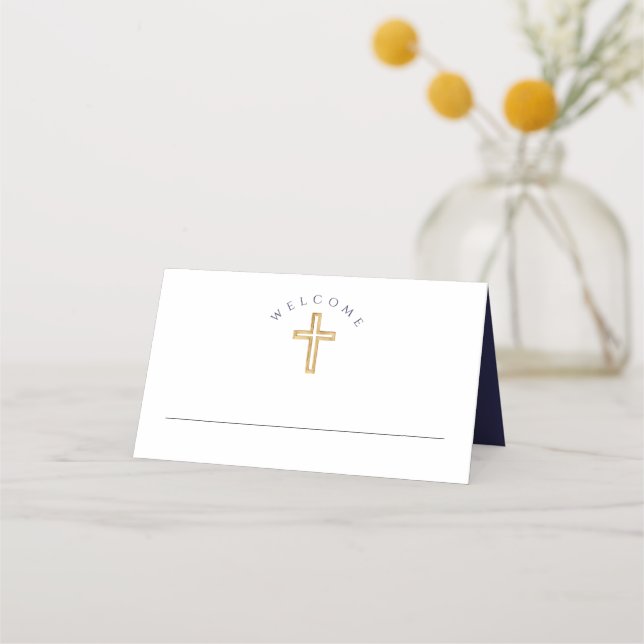 Modern Navy Blue Religious Boy First Communion  Place Card (Front)
