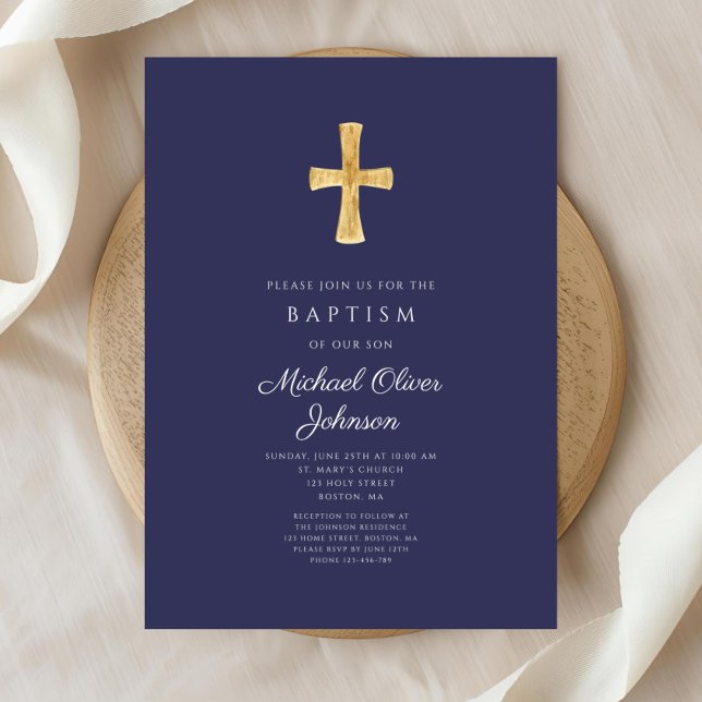 Modern Navy Blue Religious Cross Boy Baptism Invitation (Modern Navy Blue Religious Cross Boy Baptism Invitation)