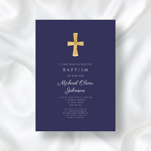 Modern Navy Blue Religious Cross Boy Baptism Invitation