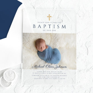 Modern Navy Blue Religious Cross Boy Baptism Photo Acrylic Invitations