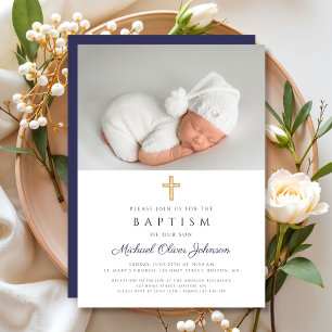 Modern Navy Blue Religious Cross Boy Photo Baptism Invitation