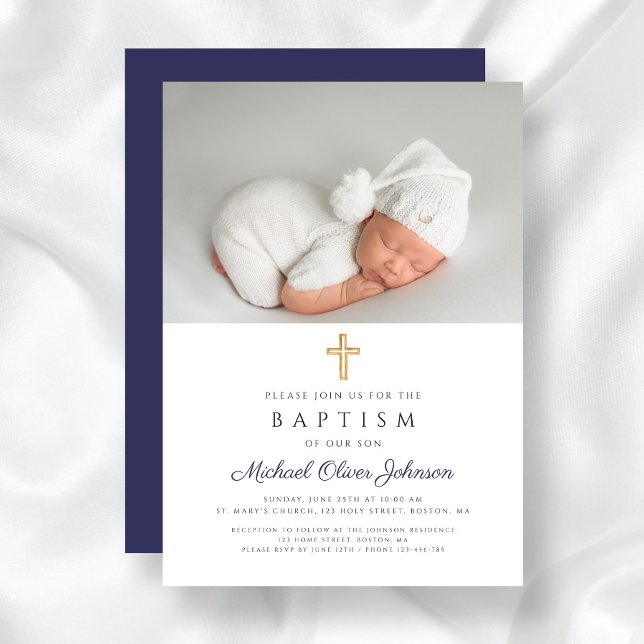 Modern Navy Blue Religious Cross Boy Photo Baptism Invitation (Navy Blue Religious Cross Boy Photo Baptism Invitation)