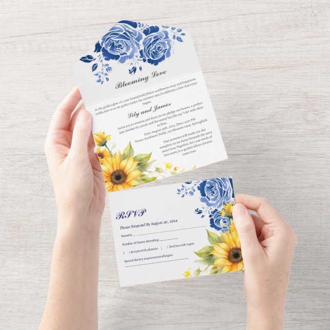 Modern Navy Blue Rose And Sunflower  Wedding All In One Invitation (Tearaway)