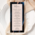 Modern Navy Blue Rose Gold Agate Blush Wedding Menu<br><div class="desc">This elegant,  modern wedding menu features a watercolor navy blue agate background trimmed with rose gold faux glitter. The text appears in elegant charcoal grey handwriting and copperplate fonts on a blush pink rectangle. The agate design is repeated on the reverse.</div>