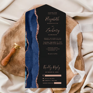 Modern Navy Blue Rose Gold Agate Dark Wedding All In One Invitation