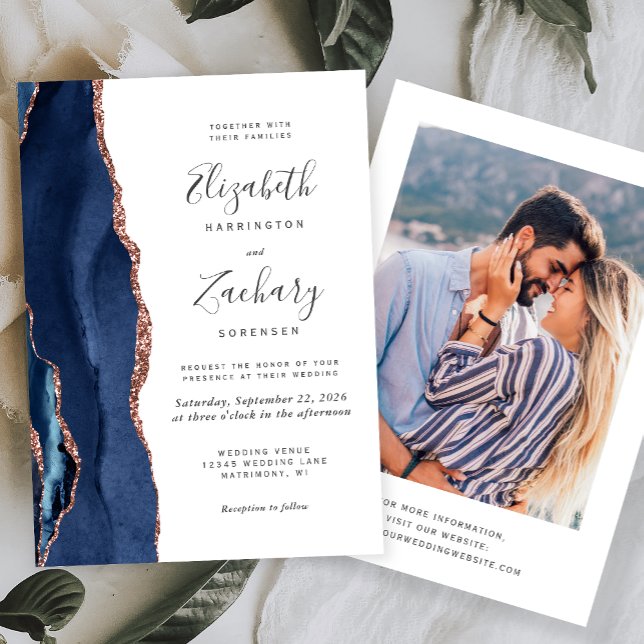 Modern Navy Blue Rose Gold Agate Photo Wedding Invitation (Creator Uploaded)