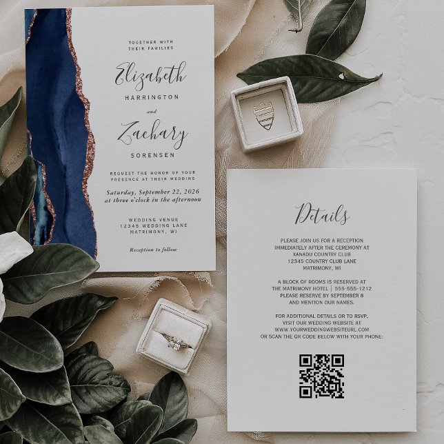 Modern Navy Blue Rose Gold Agate QR Code Wedding Invitation (Creator Uploaded)
